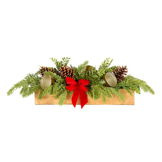 27" Christmas Bells Cypress & Pinecone Centerpiece in Wood Planter